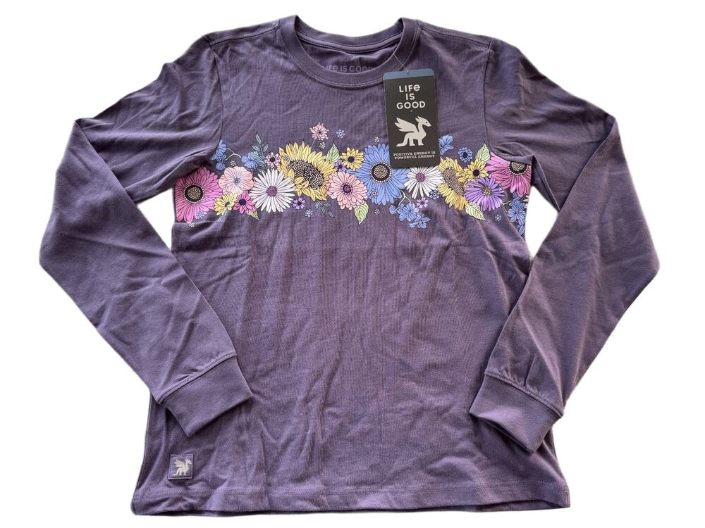 Life is Good Womens XS Crusher Long Sleeve Tee Beautiful Energy Floral Purple NW